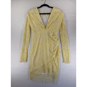 Reverse Australia Yellow Lace Long Sleeve Mini Dress V-Neck Open Back Sz Med NEW thumbnail 3