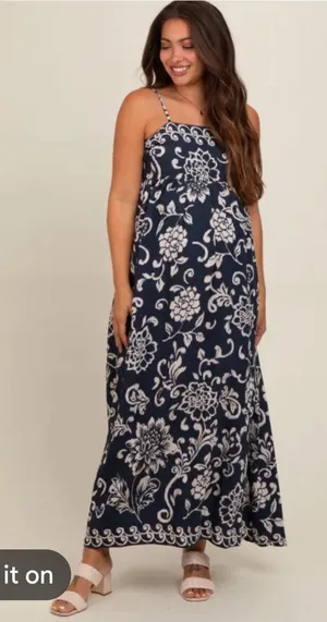 TCEC Blue/Cream Pattern Maxi Dress Sz S thumbnail 1
