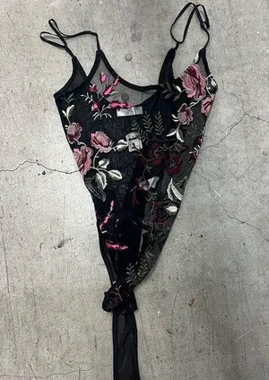 AZ Design floral embroidered black mesh thong bodysuit thumbnail 1
