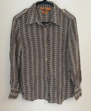 Tory Burch Button Front Silk Blouse Cream Brown Long Sleeve Sz 10 Career Brunch thumbnail 1