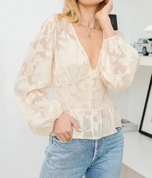 NWT Lulus Patio Date Ivory Floral Jacquard Button-Up Long Sleeve Top Size M thumbnail 1
