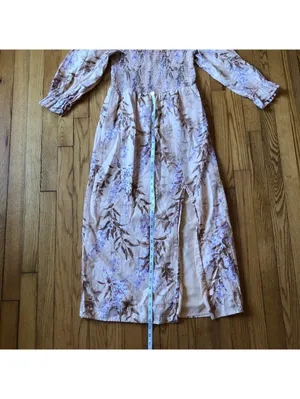 House of Harlow EUC Women's 1960 Linen Smocked Pink Palm Midi Dress Size S thumbnail 6