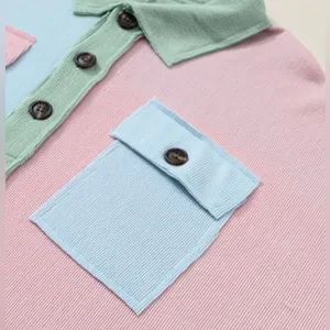 Multicolor Pastel Pink Green Blue Colorblock Patchwork Ribbed Pullover Top Size M thumbnail 6