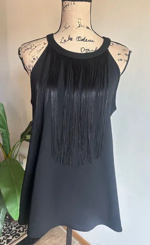 Alfani Sleeveless Fringe Black Top Size 10 thumbnail 1