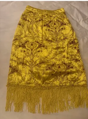 Anthropologie Slim Fringed Velvet Midi Skirt Flowy High Waisted Yellow thumbnail 2