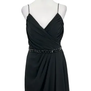 Lillian’s V Neck Faux Wrap Beaded Banding Waist Black Formal Dress Gown Size 6 thumbnail 2