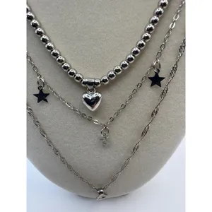 Silver Tone Triple Layered Necklace Heart Star Charms Beaded & Rope Chain Set thumbnail 3