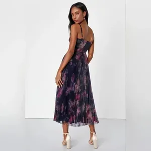 Lulus Alluring Invite Midnight Blue Floral Pleated Bustier Sleeveless Midi Dress thumbnail 5