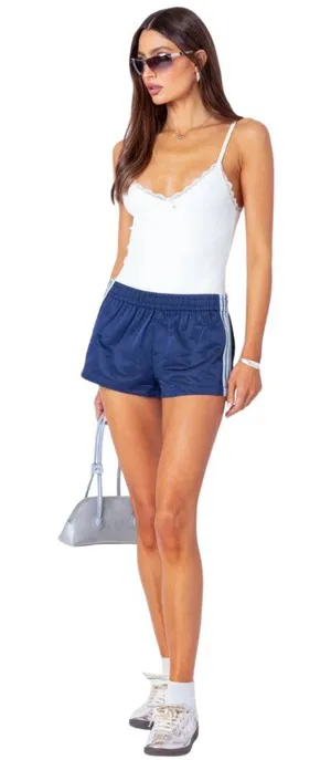 Edikted Nikki Nylon Shorts Womens XL Navy Blue Sporty Athleisure Retro Shiny NWT thumbnail 1