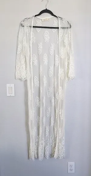 Lace Long Open Cardigan Sweater, Small, Ivory Cream thumbnail 1