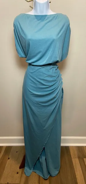 ANRABESS Maxi Dress Size M Turquoise Blousy Top Ruched Side Asymmetrical Slit thumbnail 1