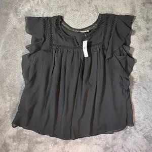 LOFT Small Charcoal Gray Ruffle Sleeve Lace Trim Blouse Business Office NEW thumbnail 2