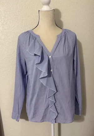 LOFT Womens Blue White Striped Ruffle Front‎ Button Down Cotton Blouse Size M thumbnail 1
