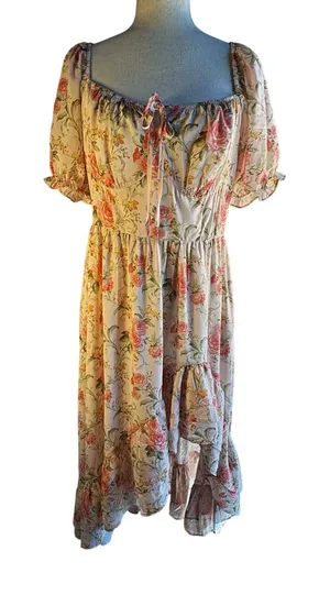 Scarlet Darkness Women’s L Pink Floral Smocked Square Neck Puff Sleeve Dress thumbnail 1