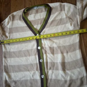 Kule Striped Cardigan Sweater Cream Tan Green Brown Trim V-Neck Size L thumbnail 4