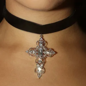 Black Velvet Rhinestone Cross Pendant Choker thumbnail 1