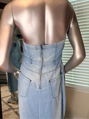 Free People Denim Midi Dress Size 8 Blue Strapless Cotton Front Slit Pockets thumbnail 8