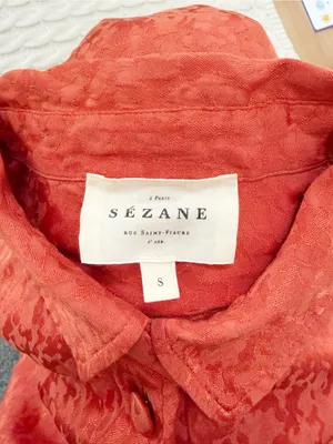 Sézane Rust-Orange Satin Button-Down Short Sleeve Shirt Dress thumbnail 4