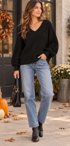 Zenana Black Waffle Knit V-Neck Balloon Sleeve Sweater TW-3418AB Medium thumbnail 1