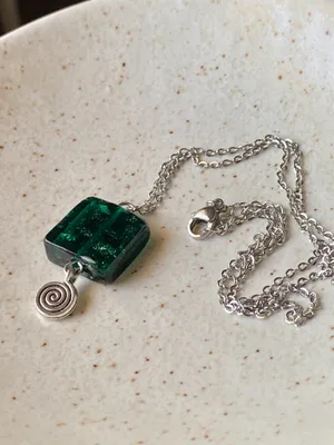 Handmade hippie funky fairy boho style green square glass bead & Swirl charm unisex necklace🟩🌳🍃🌀 thumbnail 6