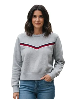 Abercrombie & Fitch Gray Cropped Fleece Sweatshirt Womens M Retro Stripe Y2K Top thumbnail 4