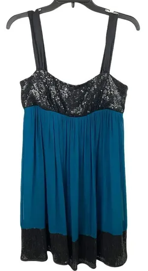A.B.S. Allen Schwartz Collection Blue Silk Black Sequins Mini Dress Size 6 thumbnail 1