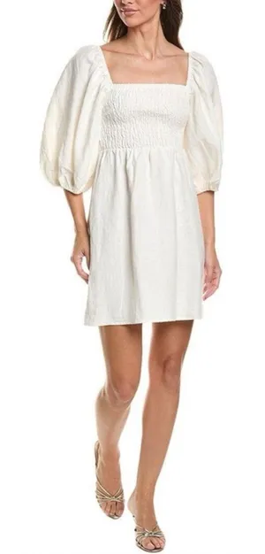 Tuckernuck Mini Dress Womens Medium White Smocked Linen Puff Sleeve Coastal thumbnail 1