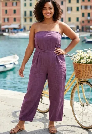 Women's Pull On Strapless Ankle Jumpsuit Size Large Tie Back Lightweight thumbnail 1