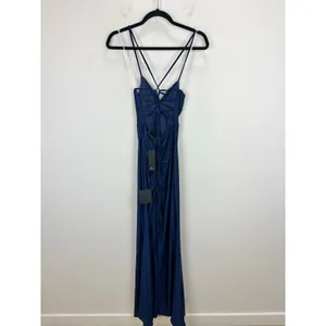 Lulus Iconic Allure Navy Blue Cowl Neck Lace Up Ruched Maxi Dress Stretch XS NWT thumbnail 10