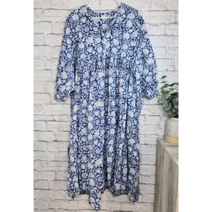 House of Sundar Maya Midi Dress 3XL Blue Iris Block Print Cotton Cottagecore thumbnail 3