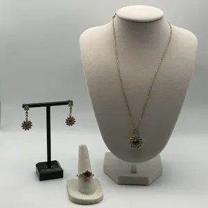 14K Gold Plated Stainless Steel Pink Crystal Necklace Earrings Ring Set NWOT thumbnail 1