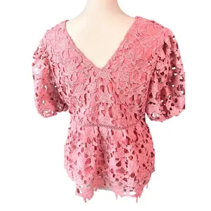 Endless Rose Womens L Coral Floral Lace Peplum Blouse V Neck Puff Sleeve Lined thumbnail 4