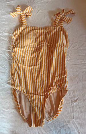 Albion Fit Yellow White Stripe Tie Shoulder One Piece Swimsuit Size Small thumbnail 1