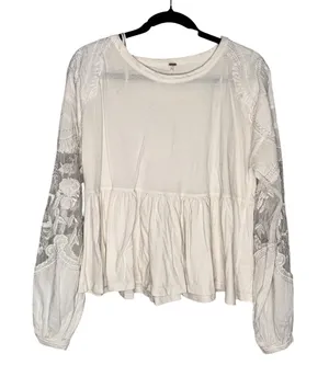 Free People Babydoll Top Womens Small Cream Excellent Lace‎ Sleeve Boho Blouse thumbnail 1