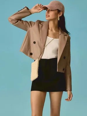 Maeve Tan Cropped Faux Leather Vegan Button Front Blazer Size 2 thumbnail 1