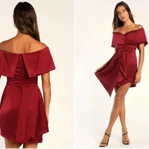 Lulus Always Celebrating Burgundy Satin Off-The-Shoulder Mini Dress Size M thumbnail 10