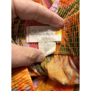 Women Linen Pants Wide Leg Orange Tropical Multi Color C&C California Size Large thumbnail 2