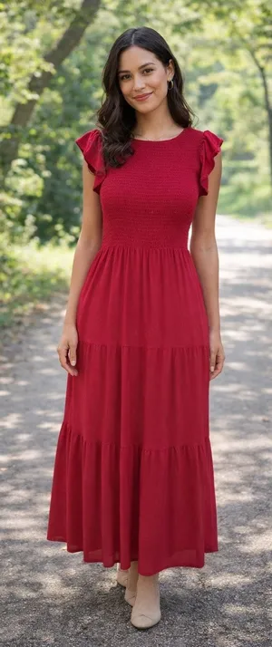 Zesica Smocked Elastic Waist Tiered Midi Dress with Flutter Sleeve Plum Size M thumbnail 1