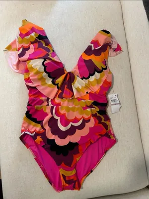Trina Turk Fan Faire Ruffle Plunge One Piece Swimsuit, Pink/Orange, size 12, NWT thumbnail 3
