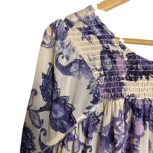Free People Up For Anything White Blue Floral Smocked Long Sleeve Blouse thumbnail 6