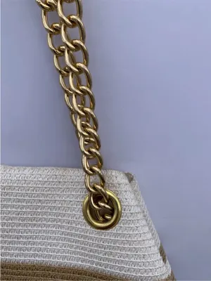 Straw Beach Tote Bag Woven Raffia White Tan Gold Chain Coastal Resort Purse thumbnail 5