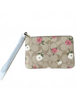Coach Corner Zip Wristlet Signature Monogram Canvas Gold Light Khaki thumbnail 5
