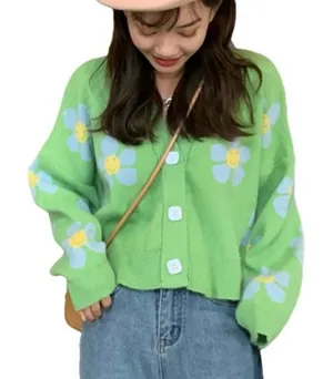 Cropped Smile Flower Vneck Cardigan Sweater Green Blue Yellow Relax Fit M thumbnail 1