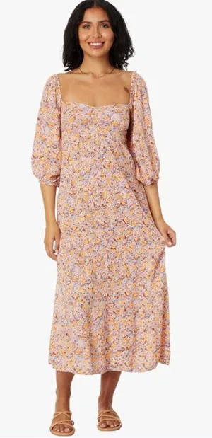 Billabong Women's Swept Away Midi Dress Boho Floral Smocked Babydoll Milkmaid thumbnail 1