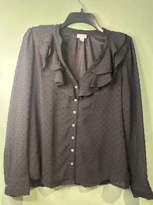 J.Crew Women's Small Black Sheer Swiss Dot Ruffle Neck Blouse Dark fairy dainty thumbnail 1