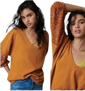 ANTHROPOLOGIE Annette Thermal Waffle Knit/Floral Top - Small thumbnail 2