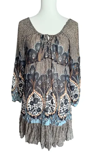 Boho Mixed Paisley Floral Print Ruffle Hem Tunic Top Black Blue Tan Tie Neck‎ thumbnail 1