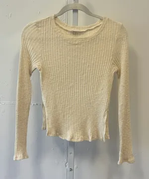 Honey Punch Cream Ribbed Knit Long Sleeve Top Side Slit Crew Neck Small 7T0031H thumbnail 1
