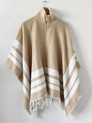 Marc New York Ivory Tan Oversized Gold Zip Up Fringe Hem Poncho thumbnail 2