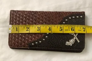 Unique Western boho Brown black woven leather wallet silver studs thumbnail 5